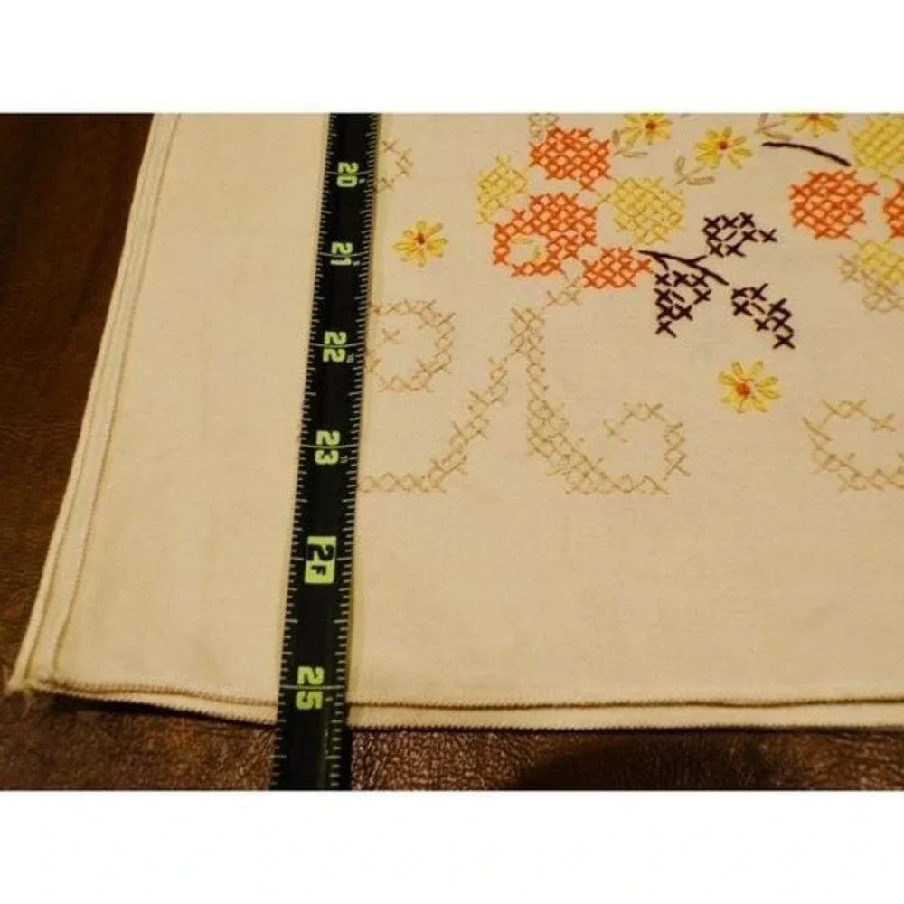 Vtg Hand Embroidered Floral Ecru Tablecloth Cross-Stitched Orange Yellow Brown‎